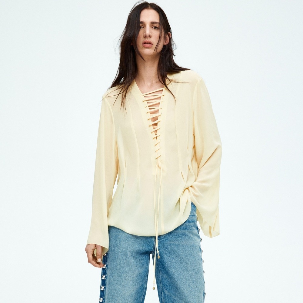 H&M Edition Pale Yellow Lace Up Bell Sleeve Boho Feminine Cottagecore Blouse S